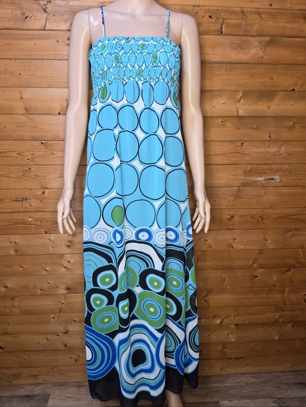 ❤️ NWOT Blue/black Patterned Smocked Women's Maxi Dress Spaghetti Straps Size M